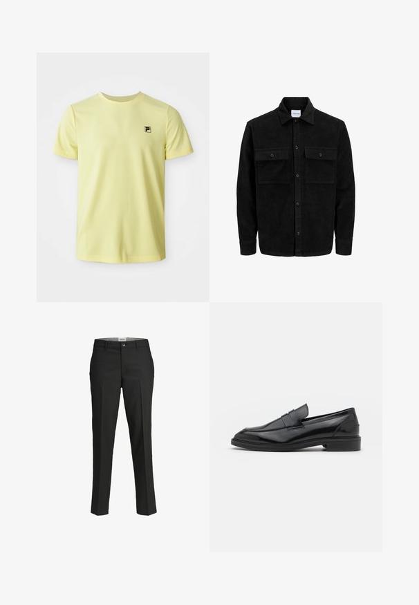 Melnas kordūru pogu jaka ar divām priekšējām atloka kabatām un klasisku apkakli, garām piedurknēm un ribotu tekstūru.; Gaiši dzeltena īsām piedurknēm T-krekls ar mazu melnu logotipu kreisajā krūtīs, attēlots uz baltas fona.; Melni bikses, pielāgota piegriezuma, gluda auduma, vidēji augsta josta, priekšējā pogu aizdare, diagonalās kabatas un gurnu daļā ir krokas.; Melnas ādas loafers ar gludu virsmu, ar noapaļotu purngalu un šauru joslu pāri augšdaļai. Zems kaudzes papēdis.