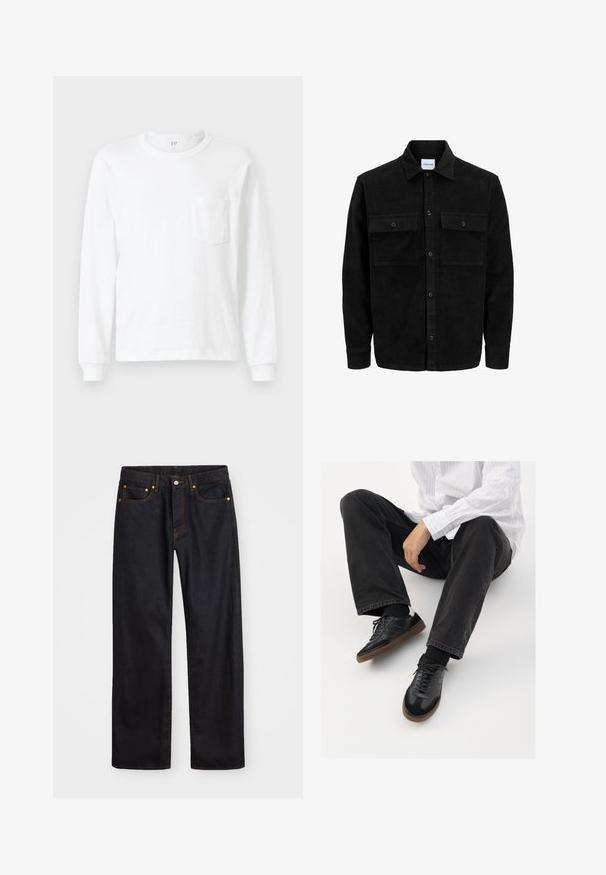 Zwarte corduroy knopenjack met twee voorste klepzakken en een klassieke kraag, lange mouwen en ribbelstructuur.; Witte longsleeve T-shirt gemaakt van katoen. Heeft een ronde halslijn en een klein borstzakje. Zachte stof met geribde manchetten.; Heren straight-leg zwarte denim jeans met vijf zakken en oranje stiksels, knoop- en ritssluiting op de voorkant van de tailleband.; Zwarte sneakers met een glad en textuur detail, voorzien van een rubberen zool en donkere veters. Gecombineerd met zwarte jeans en een wit gestreept shirt.