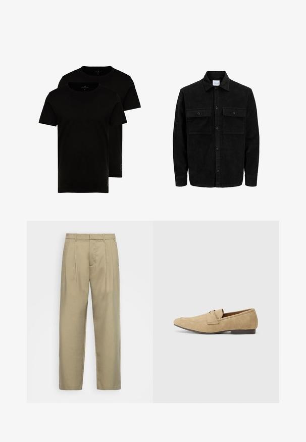 Melnas kordūru pogu jaka ar divām priekšējām atloka kabatām un klasisku apkakli, garām piedurknēm un ribotu tekstūru.; TOM TAILOR DOUBLE PACK - Pamata T-krekls - black; Bēša, augstās jostas bikses ar taisnu piegriezumu, ar plakanu priekšpusi, sānu kabatām un gludu, teksturētu audumu.; Zābaki no zamša gaiši brūnā krāsā ar nelielu mirdzumu, ar noapaļotu purngalu, bezsaišu dizainu un zemu brūnu papēdi. Smalks šuvju detalizējums.