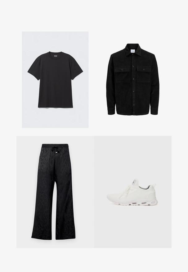 Melnas kordūru pogu jaka ar divām priekšējām atloka kabatām un klasisku apkakli, garām piedurknēm un ribotu tekstūru.; Melnas īsām piedurknēm t-krekls, kas izgatavots no kokvilnas. Tam ir apaļa kakla izgriezne un brīva piegriezuma siluets. Vienkāršs dizains bez rakstiem vai akcentiem.; Melni platleņķa bikses ar teksturētu leoparda rakstu, ar elastīgu jostu, kas aprīkota ar auklu. Gluda, spīdīga auduma ar brīvu piegriezumu.; Baltas sporta apavi ar teksturētu adītu augšdaļu, platiem auklām un mīkstinātu zoli ar redzamām gaisa kamerām papildu atbalstam.