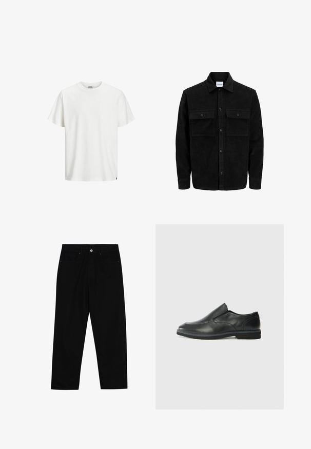 Mustat corduroy-nappi takki, jossa on kaksi etupistotaskua ja klassinen kaulus, pitkät hihat ja ribattu pinta.; Valkoinen puuvillapaita, jossa on klassinen pyöreä kaula-aukko, lyhyet hihat ja suora helma. Erityinen sen yksinkertaisen muotoilun ja pehmeän tekstuurin ansiosta.; Mustat farkut suoraan lahkeella, viisi taskua ja etunappikiinnitys. Sileä rakenne, jossa on vain vähäisiä ompelualueita.; Musta nahkainen liukujalkine, jossa on sileä pinta, ommeltuja yksityiskohtia, pyöristetty kärki ja matala kumipohja. Pohjassa on minimaalinen pito.