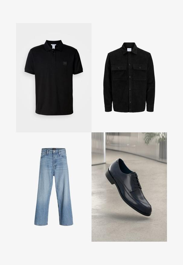 Mustat corduroy-nappi takki, jossa on kaksi etupistotaskua ja klassinen kaulus, pitkät hihat ja ribattu pinta.; Mustan värinen polo-paita, joka on valmistettu sileästä kankaasta. Paita sisältää ribbireunuksen kauluksen sekä pienen neliömäisen logopatchin vasemmassa rinnassa.; Vaaleansiniset leveälahkeiset farkut, joissa on korkeavyötärö, klassinen viisi-taskumalli ja napp closure, jossa on vetskari.; Kiiltävä musta nahkakengät nauhoilla, leijuu tasaisella vaaleanharmaalla lattialla ja taustalla on pystysuorat metalliputket.