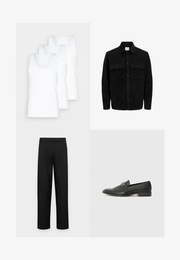 Czarna kurtka z korduru z guzikami, z dwoma przednimi kieszeniami na klapki oraz klasycznym kołnierzem, długimi rękawami i ryżowym splotem.; Trzy białe bawełniane topy na ramiączkach z okrągłymi dekoltami i szerokimi ramiączkami, wyeksponowane w ułożeniu stosu, gładka tekstura, prosty design.; Czarne spodnie wykonane z gładkiego materiału, z prostą nogawką, dwoma fałdami z przodu oraz standardowym paskiem z wypustkami na pasek.; Czarne skórzane mokasyny o gładkim wykończeniu, z haftowanym wzorem i dekoracyjnym akcentem z metalowego łańcucha na wierzchu. Płaska pięta.