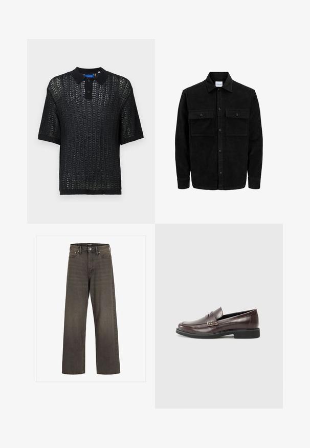 Mustmustöös nupuga jope, millel on kaks eesmist klapiga taskut ja klassikaline kaelus, pikad varrukad ning ribakujuline tekstuur.; Must musta lühikeste varrukatega polo, millel on koobas tekstuur, krae, nööbid ja ribakujulised mansetid. Valmistatud kerge materjalist.; Laia säärtega sinimustad teksad tumeda halli denimi, kõrge talje, klassikalise viie tasku disaini ning kontrastsete õmblustega õmblustel.; PRUUNID NAASTE NAHK LOFAERID sileda pinnaga, millel on peene õmblustunne ülemise serva juures ja must kummitald.