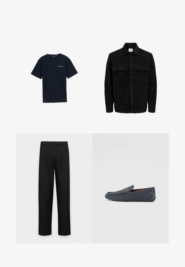 Črna kordurojska jakna z gumbi, z dvema sprednjima žepoma z zavihkom in klasičnim ovratnikom, dolgimi rokavi ter rebrasto teksturo.; Tamnok modri bombažni majica s krojem okrogle vratu in kratkimi rokavi. Ima majhen rdeč besedilni logotip na prsih. Redna prileganje, gladka tekstura.; Črne hlače iz gladkega materiala, s krojem ravne noge, dvema sprednjima pregiboma in standardnim pasom z zankami za pas.; Sive perforirane loferice z običajnim zapiranjem, ki imajo oranžen akcent, okroglo konico in teksturiran gumijast podplat.