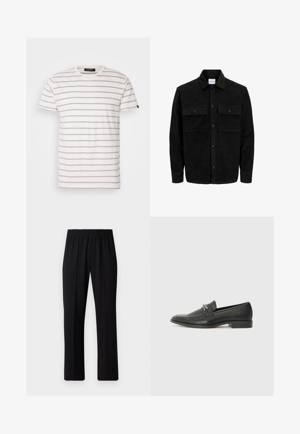 Černá kordurová košile s knoflíky, dvěma předními klopovými kapsami a klasickým límcem, dlouhými rukávy a vroubkovanou texturou.; Tričko s krátkým rukávem a kulatým výstřihem v bílé barvě se střídajícími šedými pruhy. Měkká látka s běžným střihem a rovného lemování. Štítek značky na boku.; Černé kalhoty s elastickým pasem a rovnými nohavicemi, s hladkým povrchem a bez viditelných vzorů nebo kovových doplňků.; Černé kožené mokasíny s hladkým povrchem, s prošívaným designem a dekoračním kovovým řetízkem přes nárt. Plochý podpatek.