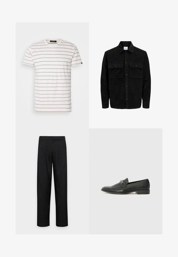 Czarna kurtka z korduru z guzikami, z dwoma przednimi kieszeniami na klapki oraz klasycznym kołnierzem, długimi rękawami i ryżowym splotem.; Koszulka z krótkim rękawem, okrągłym dekoltem w kolorze białym z naprzemianstwem szarych pasków. Miękki materiał, regularny krój i proste wykończenie dołu. Metka marki z boku.; Czarne spodnie wykonane z gładkiego materiału, z prostą nogawką, dwoma fałdami z przodu oraz standardowym paskiem z wypustkami na pasek.; Czarne skórzane mokasyny o gładkim wykończeniu, z haftowanym wzorem i dekoracyjnym akcentem z metalowego łańcucha na wierzchu. Płaska pięta.