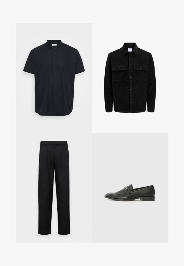 Schwarze Corduroy-Button-Up-Jacke mit zwei frontalem Klappentaschen und klassischem Kragen, langen Ärmeln und gerippter Textur.; Schwarzes Polohemd aus strukturiertem Stoff, mit klassischem Kragen, drei Knöpfen und kurzen Ärmeln mit gerippten Bündchen.; Schwarze Hose aus glattem Stoff, mit geradem Bein Design, zwei vorderen Falten und einem Standardbund mit Gürtelschlaufen.; Schwarzer Lederloafer mit glatter Oberfläche, ausgestattet mit einer gesteppten Gestaltung und einem dekorativen Metallkettendetail über dem Vorderblatt. Flacher Absatz.