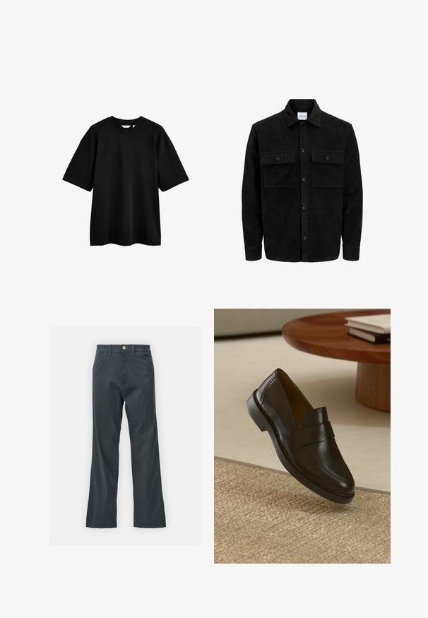 Giacca in corduroy nera con bottoni, due tasche anteriori con patta, colletto classico, maniche lunghe e texture a coste.; T-shirt in cotone nero con maniche corte, vestibilità rilassata, scollatura rotonda e texture liscia. Design minimalista senza motivi o decorazioni.; Pantaloni neri con taglio dritto, realizzati in tessuto misto cotone. Presentano una chiusura con bottone metallico e tasche laterali. Nessun motivo visibile.; Mocassino in pelle nera con finitura liscia, punta rotonda e una fascia decorativa sulla parte superiore. Tacco in gomma basso, posizionato su una superficie texture.