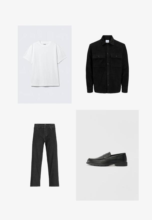 Crni kožni kord jakna na dugmad s dva prednja džepa s preklopom i klasičnim ovratnikom, dugim rukavima i rebrastom teksturom.; Bijela majica s kratkim rukavima izrađena od mekog pamuka. Ima okrugli izrez i opušteni kroj, s glatkom teksturom i čistim, neukrašenim dizajnom.; Crne traperice s ravnim krojem, s patentnim zatvaračem, petljama za pojas i šest džepova, izrađene od čvrste mješavine pamuka.; Crne kožne mokasine s glatkom površinom, gornji dio u stilu mokasina, ojačani šavovi i gumeni potplat. Klasičan dizajn s niskom petom.