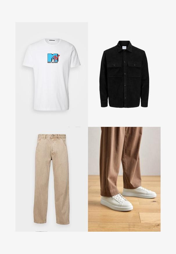 Chaqueta de pana negra con botones, dos bolsillos delanteros con solapa y un cuello clásico, mangas largas y textura acanalada.; Camiseta de algodón blanca con un logo retro de MTV en azul y rosa, con el texto "MUSIC TELEVISION" debajo. Diseño de manga corta y cuello redondo.; Jeans de mezclilla beige con un diseño de pierna recta, que cuentan con bolsillos frontales, cierre de botón de metal y una textura sutil.; Persona con zapatillas bajas de textura blanca y pantalones marrones holgados, de pie sobre un suelo de madera clara.