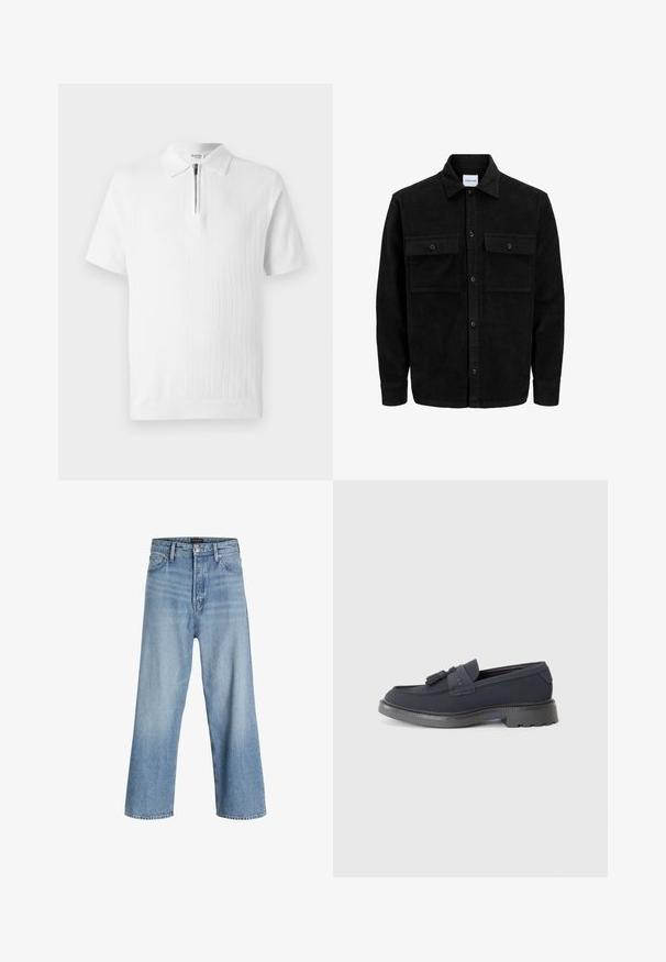 Juodas velveto mygtukų švarkas su dviem priekiniais kišenėmis su atvartais, klasikiniu apykakle, ilgomis rankovėmis ir raukšlėtu paviršiumi.; Balta trumpa rankovė polo marškinėliai su tekstūruotu mezgimu, su užtrauktuku prie apykaklės ir gumuotu apvadu. Tvarkingas dizainas, tinkamas kasdieniam dėvėjimui.; Šviesiai mėlynos plačios džinsinės kelnės, pagamintos iš džinsinio audinio, su aukštu liemeniu, klasikiniu penkių kišenių dizainu ir mygtuko uždarymu su užtrauktuku.; Tamsiai mėlyni loafersai su tekstūruotu viršumi, dekoruoti kutais, su storu juodu padu su protektoriumi sukibimui. Lygus paviršius ir struktūrizuotas dizainas.