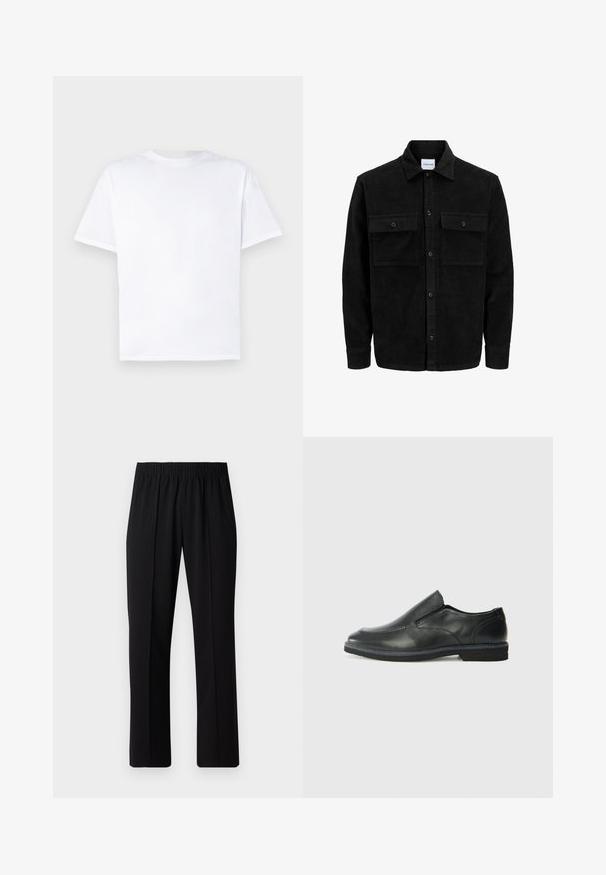 Mustmustöös nupuga jope, millel on kaks eesmist klapiga taskut ja klassikaline kaelus, pikad varrukad ning ribakujuline tekstuur.; Valge puuvillane T-särk ümmarguse kaelusega ja lühikeste varrukatega. Sile tekstuur, sirge lõige, ilma mustrite või aktsentideta. Ainult tagasiside.; Mustad, elastse puusärgid sirge säärega, mis on sileda tekstuuriga ja ilma nähtavate mustrite või riistadega.; Must musta laia suuga king, millel on sile ülemine osa, õmmeldud detailid, ümmargune nina ja madal kummist konts. Tallal on minimaalne mustr.