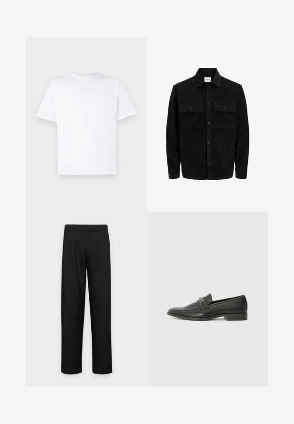 Svart kordflodjacka med knappar, två framfickor med klaff och klassisk krage, långa ärmar och ribbad textur.; Vit bomullströja med rund hals och korta ärmar. Slät textur, rak skärning, utan mönster eller dekorationer. Endast bakvy.; Svarta byxor i slät väv, med rak ben-design, två framfickor och standardmidja med bälteshällor.; Svart läderloafers med en slät yta, med en sydd design och en dekorativ metallkedjeaccent över västen. Platt häldesign.