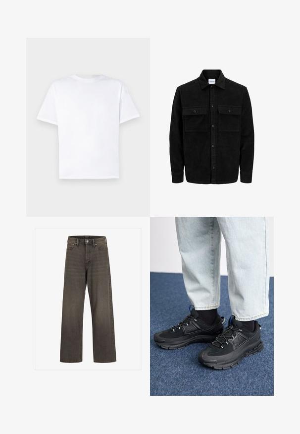 Schwarze Corduroy-Button-Up-Jacke mit zwei frontalem Klappentaschen und klassischem Kragen, langen Ärmeln und gerippter Textur.; Weißes Baumwoll-T-Shirt mit Rundhalsausschnitt und kurzen Ärmeln. Geschmeidige Textur, gerader Schnitt, keine Muster oder Akzente. Nur Rückansicht.; Weite Jeans aus dunkelgrauem Denim mit hoher Taille, klassischem Fünf-Taschen-Design und kontrastierendem Stepp entlang der Nähte.; Schwarze Sportschuhe aus strukturiertem Stoff mit Gummisohlen, ausgestattet mit elastischen Schnürsenkeln und einem blauen Akzent an der Ferse. Getragen mit hellen Jeans.