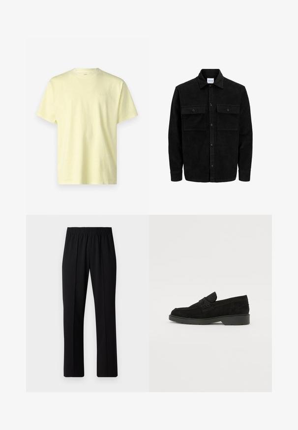 Black corduroy button-up jacket with two front flap pockets and a classic collar, long sleeves, and ribbed texture.; Levi's® VINTAGE TEE - Basic T-shirt - yellow; Black, elastic-waist trousers with a straight-leg design, featuring a smooth texture and no visible patterns or hardware.; Black suede loafers with a low heel, featuring a simple band across the upper and textured detailing along the sides.