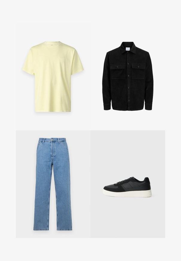 Svart kordfløyels knappjakke med to frontlommer med klaff og klassisk krage, lange ermer og ribbet tekstur.; Levi's® VINTAGE TEE - T-shirts - yellow; Lyseblå denim rettslit jeans med klassisk fem-lomme design, med knappstenging foran og beltesløyfer. Glatt tekstur.; Svart lavtopp sneakers med teksturert lær og semskede paneler, hvit gummisåle og svarte snørebånd på en enkel lys bakgrunn.