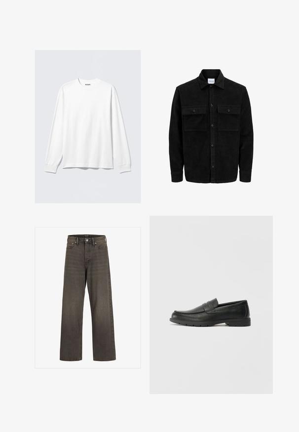 Schwarze Corduroy-Button-Up-Jacke mit zwei frontalem Klappentaschen und klassischem Kragen, langen Ärmeln und gerippter Textur.; Weißes Langarmshirt mit Rundhalsausschnitt, gerippten Bündchen und einem kleinen Markenetikett "WEEKDAY" im Nacken.; Weite Jeans aus dunkelgrauem Denim mit hoher Taille, klassischem Fünf-Taschen-Design und kontrastierendem Stepp entlang der Nähte.; Schwarze Lederloafers mit glatter Oberfläche, Mokassin-oberteil, genähten Details und Gummisohle. Klassisches Design mit niedrigem Absatz.