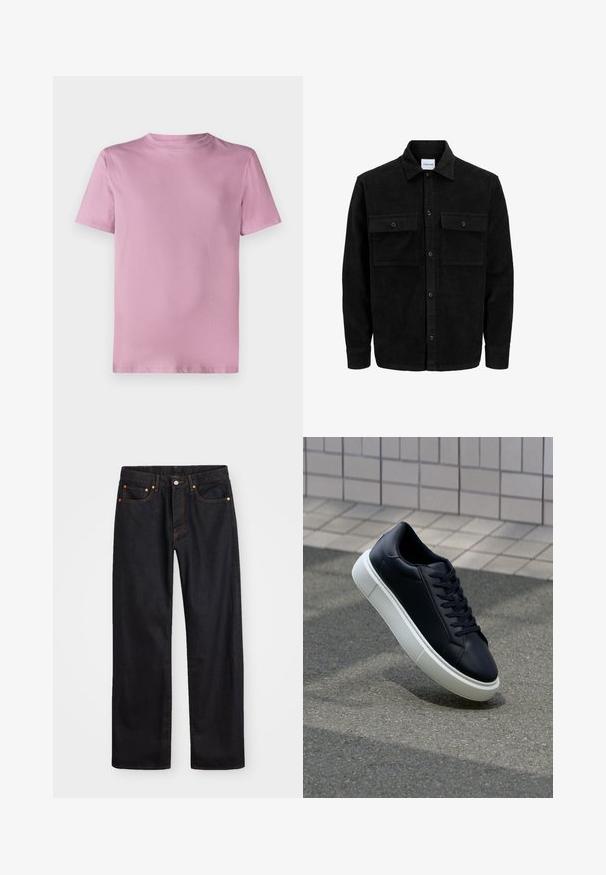 Veste en velours côtelé noire à boutons, avec deux poches à rabat à l'avant et un col classique, des manches longues et une texture côtelée.; T-shirt en coton rose avec un col rond, des manches courtes et une texture lisse. Design simple et dépouillé sans logos ni motifs.; Jean en denim noir pour hommes, coupe droite, avec cinq poches et surpiqûres orange, fermeture par bouton et zip à la taille avant.; Baskets noires en cuir avec bout arrondi et semelle en caoutchouc blanc. Elles présentent des lacets plats et une couture minimale sur la tige. Semelle texturée pour une bonne adhérence.