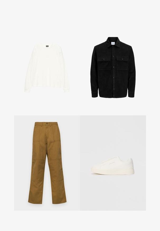 Czarna kurtka z korduru z guzikami, z dwoma przednimi kieszeniami na klapki oraz klasycznym kołnierzem, długimi rękawami i ryżowym splotem.; Biała koszula z długim rękawem, wykonana z miękkiego materiału, z szerokim okrągłym dekoltem i luźnym krojem. Gładka tekstura z prążkowanymi mankietami.; Brązowe, szerokie spodnie wykonane z miękkiego materiału o gładkiej fakturze, z kieszeniami naszytymi i wzmocnionymi szwami dla większej wytrzymałości.; Białe sneakersy wsuwane z teksturowanej powierzchni, grubą podeszwą i minimalistycznym designem. Zawierają logo marki z boku.