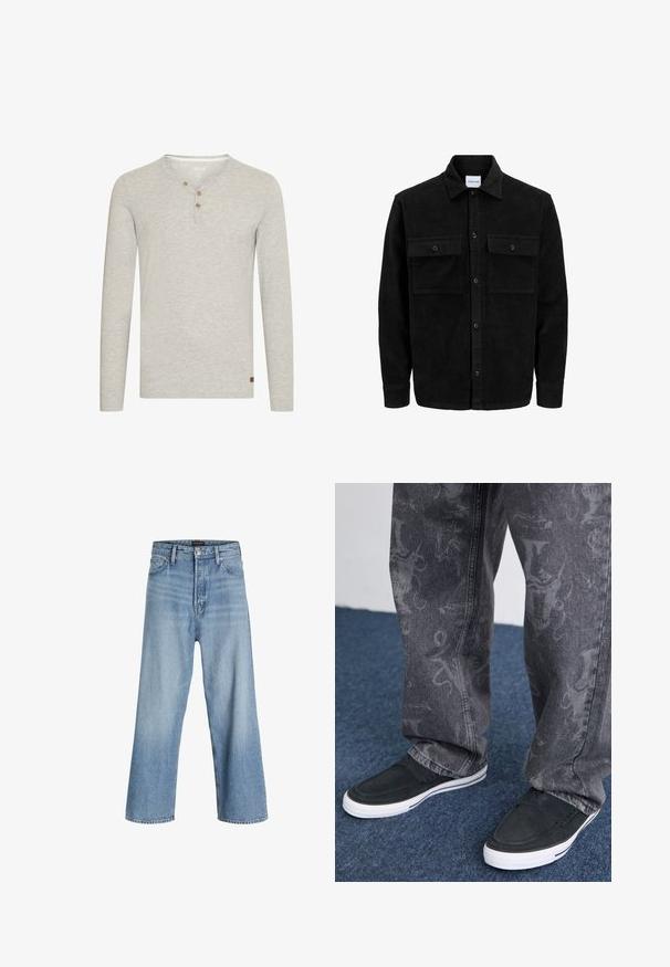 Black corduroy button-up jacket with two front flap pockets and a classic collar, long sleeves, and ribbed texture.; Light grey long-sleeve shirt made of soft fabric, featuring a round neckline, three wooden buttons, and a small brown logo patch at the hem.; Light blue wide-leg jeans made of denim, featuring a high waist, classic five-pocket design, and button closure with a zip fly.; Black slip-on shoes with white sole, textured, paired with grey jeans featuring a subtle patterned design, set against a blue carpet background.