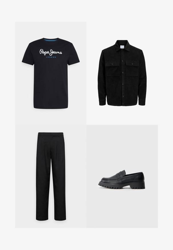 Svart kordfløyels knappjakke med to frontlommer med klaff og klassisk krage, lange ermer og ribbet tekstur.; Svart bomull T-skjorte med hvit skriptlogo "Pepe Jeans" med blå aksent, rund hals og korte ermer. Enkel, ensfarget design.; Sorte bukser laget av glatt stoff, med rette ben, to frontfoldninger og standard liv med beltehemper.; Sorte skinnloafer med rund tå, utstyrt med en dekorativ stropp og en kraftig gummisåle med dype spor for godt grep.