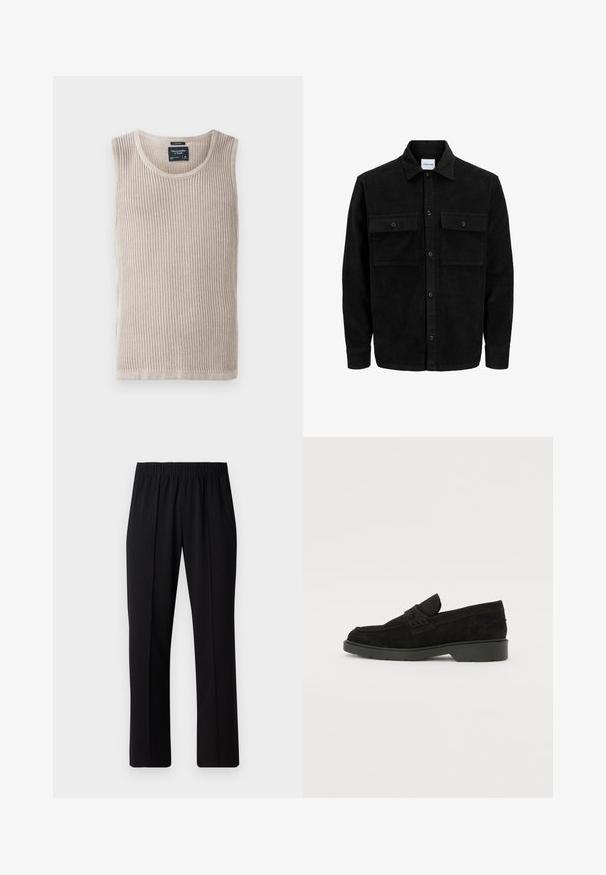 Mustat corduroy-nappi takki, jossa on kaksi etupistotaskua ja klassinen kaulus, pitkät hihat ja ribattu pinta.; Beige ribbattu toppi, jossa on pyöreä pääntie, hihaton muotoilu ja pehmeä tekstuuri. Tunnus ommeltu sisäkauluksen alueelle, siisti helma.; Mustat, joustavat vyötäröhousut suoralla lahkeella, joissa on sileä pinta ilman näkyviä kuvioita tai metalliosia.; Musta mokkasiinipohja, jossa on matala korko, ja jonka päällä on yksinkertainen nauha sekä teksturoitu yksityiskohta sivuilla.