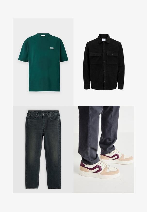 Svart kordfløyels knappjakke med to frontlommer med klaff og klassisk krage, lange ermer og ribbet tekstur.; Mørkegrønn bomull t-skjorte med rund hals og korte ermer. Har hvit tekst "the new originals" på venstre brystområde.; Mørkeblå denimjeans med rette ben, med fem lommer, glidelås og kontraststing. Subtil fading på stoffet.; Sko med kremfarget overdel, rosa semsket aksenter og maroon geometrisk design. Tykk hvit såle og snøring med teksturert detalj.