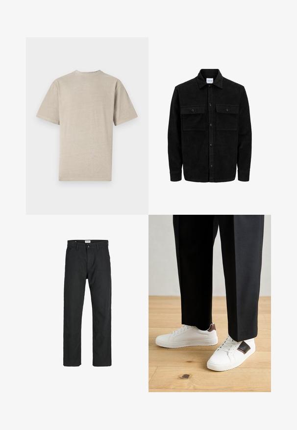 Sort fløjl button-up jakke med to frontlommer og klassisk krave, lange ærmer og ribbet tekstur.; Kortærmet T-shirt i lys beige med rund hals, lavet af blødt stof, med en glat tekstur og et enkelt design uden grafik.; Sorte bukser lavet af holdbart stof, med en lige pasform, syede detaljer og to forlommer for funktionalitet.; Hvide sneakers med glat tekstur, prydet med brune læderdetaljer og sorte detaljer, sammen med sorte skræddersyede bukser. Baggrund med trægulv.