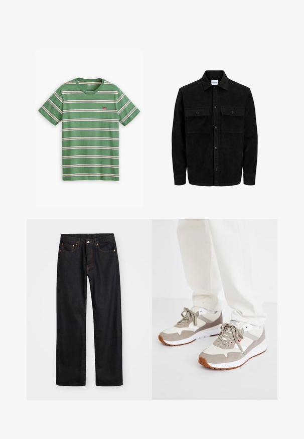 Juodas velveto mygtukų švarkas su dviem priekiniais kišenėmis su atvartais, klasikiniu apykakle, ilgomis rankovėmis ir raukšlėtu paviršiumi.; Žalios juostelės medvilnės marškinėliai, su horizontaliomis baltomis, geltonomis ir mėlynomis juostelėmis, ant krūtinės yra mažas raudonas Levi's logotipas.; Vyrų tiesaus kirpimo juodi džinsai iš denim medžiagos, su penkiomis kišenėmis ir oranžinėmis siūlėmis, su mygtuko ir užtrauktuko uždarymu ant priekio.; Beigi ir pilki sportbačiai, pagaminti iš zomšos ir tinklinės medžiagos. Įrengtas baltas vidurinis padas ir guminis padas. Standartinis raištelių dizainas.