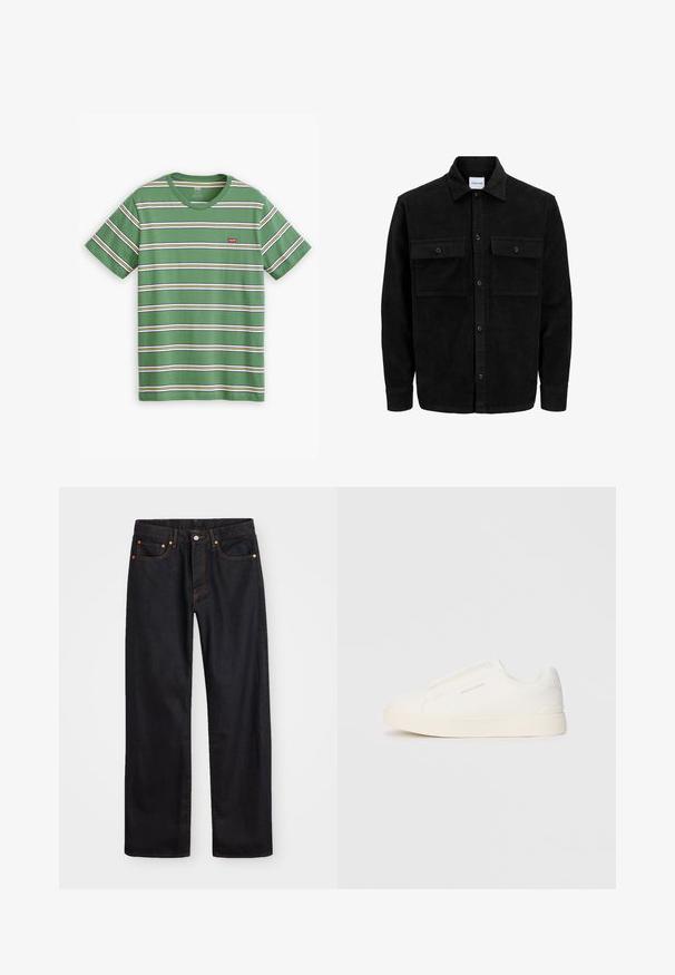 Melnas kordūru pogu jaka ar divām priekšējām atloka kabatām un klasisku apkakli, garām piedurknēm un ribotu tekstūru.; Zaļš svītrots T-krekls no kokvilnas ar horizontālām baltām, dzeltenām un zilām svītrām, uz krūtīm ar mazu sarkanu Levi's logo.; Vīriešu taisno kāju melnie džinsi ar piecām kabatām un oranžu izšuvumu, ar pogu un zipa aizdari priekšējā jostas daļā.; Baltas slip-on sporta apavi ar teksturētu virsmu, biezu zoli un minimālistisku dizainu. Sānos redzams zīmola logotips.