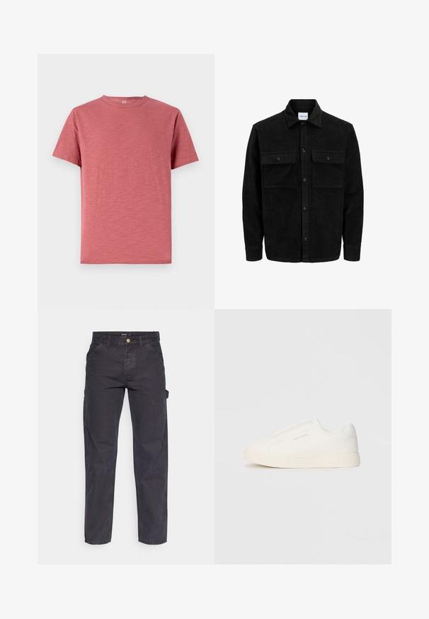 Sort fløjl button-up jakke med to frontlommer og klassisk krave, lange ærmer og ribbet tekstur.; Kortærmet t-shirt med rund hals i falmet rosefarve, lavet af blødt bomuldsstof med en glat tekstur og et enkelt design.; Mørkegrå cargo-bukser lavet af slidstærkt stof, med lige ben, fem lommer og en knaplukning i taljen.; Hvide slip-on sneakers med en struktureret overflade, en tyk sål og et minimalistisk design. Har brandlogoet på siden.