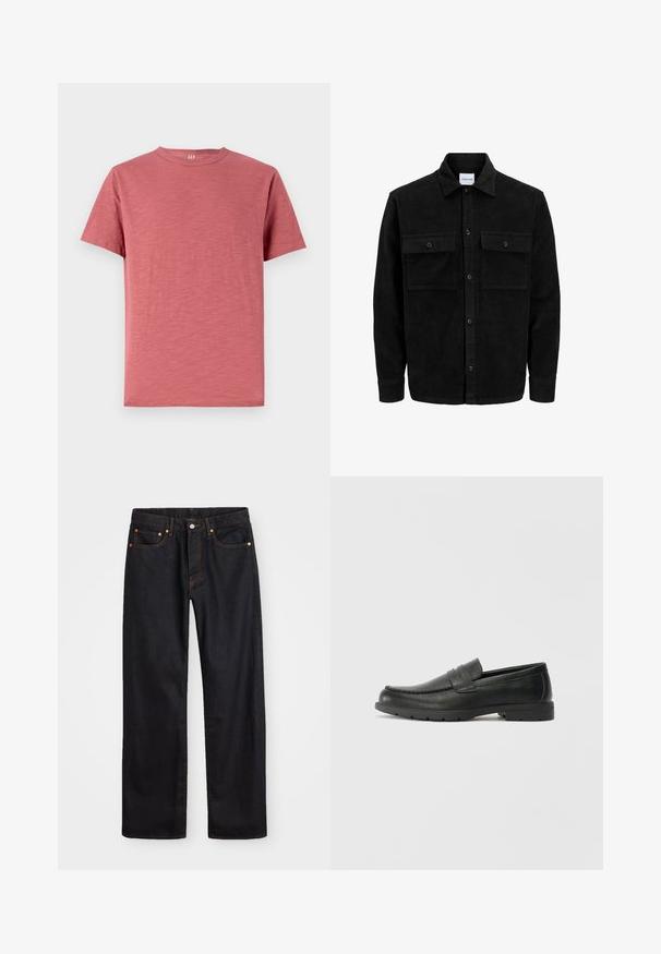 Črna kordurojska jakna z gumbi, z dvema sprednjima žepoma z zavihkom in klasičnim ovratnikom, dolgimi rokavi ter rebrasto teksturo.; T-maica s kratkimi rokavi in okroglim izrezom v zbledelem roza odtenku, izdelana iz mehkega bombažnega materiala z gladko teksturo in preprostim dizajnom.; Moške črne kavbojke ravnega kroja z petimi žepi in oranžnim šivanjem, z gumbom in zadrgo na sprednjem pasu.; Črne usnjene loafer čevlje z gladko površino, zgornjim delom v slogu mokasin, šivanimi detajli in gumijastim podplatom. Klasična zasnova z nizko peto.
