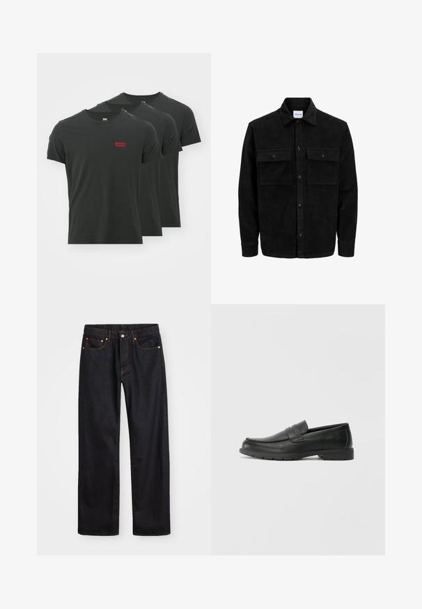 Melnas kordūru pogu jaka ar divām priekšējām atloka kabatām un klasisku apkakli, garām piedurknēm un ribotu tekstūru.; Levi's® GRAPHIC TEES 3 PACK - Pamata T-krekls - caviar; Vīriešu taisno kāju melnie džinsi ar piecām kabatām un oranžu izšuvumu, ar pogu un zipa aizdari priekšējā jostas daļā.; Melnas ādas loafers ar gludu apdari, mokasīnu stila augšdaļu, šūtu detalizāciju un gumijas zoli. Klasisks dizains ar zemu papēdi.