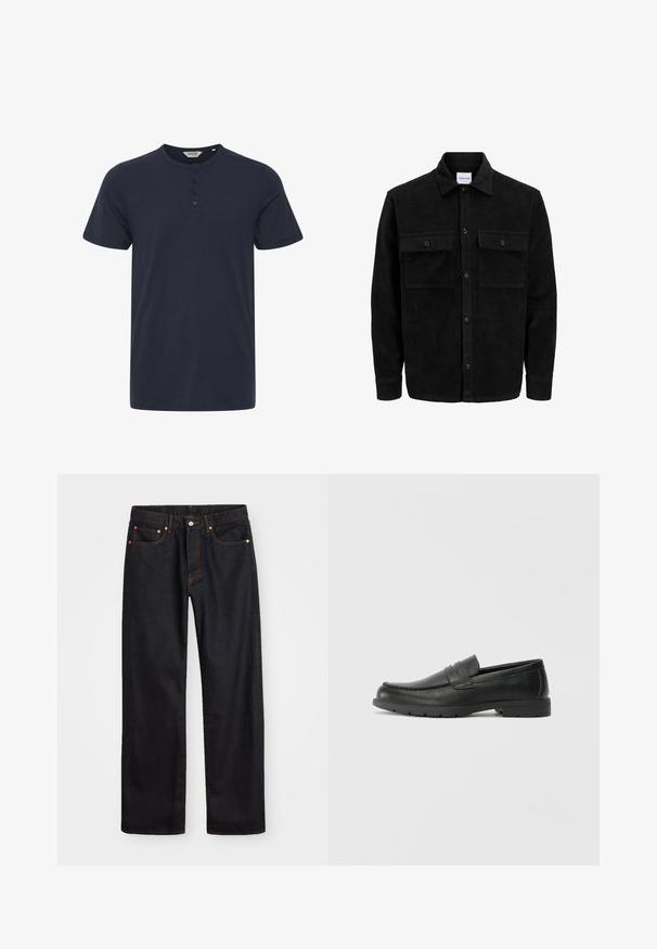 Melnas kordūru pogu jaka ar divām priekšējām atloka kabatām un klasisku apkakli, garām piedurknēm un ribotu tekstūru.; Tums zilas īsām piedurknēm T-krekls, izgatavots no kokvilnas, ar apaļu kakla izgriezumu un trīs pogu slīdošo aizdari. Gluda tekstūra bez raksta.; Vīriešu taisno kāju melnie džinsi ar piecām kabatām un oranžu izšuvumu, ar pogu un zipa aizdari priekšējā jostas daļā.; Melnas ādas loafers ar gludu apdari, mokasīnu stila augšdaļu, šūtu detalizāciju un gumijas zoli. Klasisks dizains ar zemu papēdi.