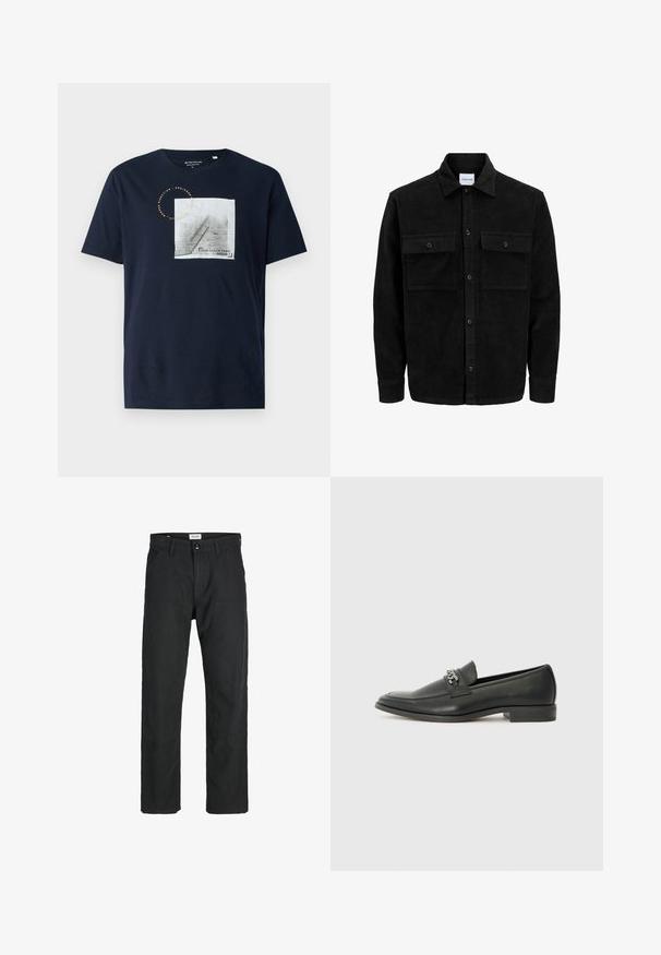 Sort fløjl button-up jakke med to frontlommer og klassisk krave, lange ærmer og ribbet tekstur.; Marineblå bomulds T-shirt med et firkantet grafik af trapper med et gelænder og cirkulært tekstdetalje, rund halsudskæring og korte ærmer.; Sorte bukser lavet af holdbart stof, med en lige pasform, syede detaljer og to forlommer for funktionalitet.; Sorte læder loafers med en glat finish, der har et syet design og et dekorativt metal kædeaccent hen over vamps. Flad hæl.