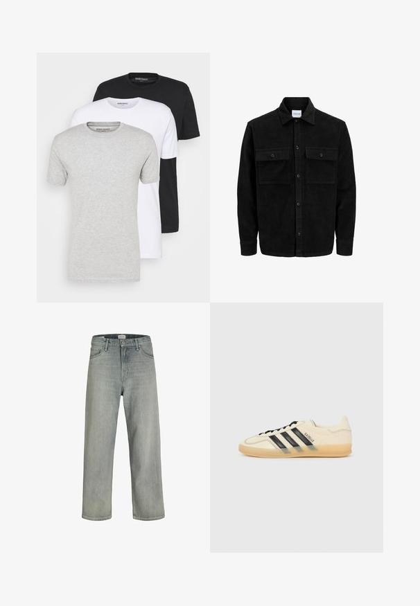 Jachetă din catifea neagră, cu butoni, două buzunare frontale cu clapetă și un guler clasic, mâneci lungi și textură ribbed.; Trei tricouri cu mânecă scurtă în culorile negru, alb și gri. Decupaj rotund la gât, fabrică din bumbac moale. Design simplu, fără modele sau accente.; Jeans decolorate, cu croială confortabilă, realizate din denim. Prezentă un design clasic cu cinci buzunare, bucle pentru curea și o siluetă dreaptă.; Tenis cu crem deschis, cu design cu trei dungi negre, parte superioară texturată, vârf rotund și talpă din cauciuc. Include șireturi și branding pe lateral.