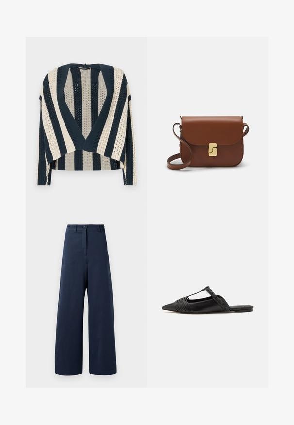 Steppelt, krémszínű dzseki magas gallérral, állítható húzózsinórral a deréknál és logóval a bal ujjon. Simon textúra.; Kötött kardigán tengerészkék és krémszínű függőleges csíkokkal, nyitott elülső dizájnnal, rövidített hosszal és texturált mintázattal.; Tengerészkék, rövid ujjú felső, kerek nyakkivágással, sima anyagból, laza fit, finom hátsó záródással, minimális varrási részletekkel.; Sötétkék, széles lábú nadrág sima anyagból, magas derékkal, két elülső gombbal, két oldalsó zsebbel és egyenes szegéllyel.; Fekete bőr slingback cipő hegyes orral, szőtt díszítéssel és redőzött felső dizájnnal. Lapos talp minimális hardverrel.; Barna bőr kézitáska, hajtókás zárással, arany színű fém kiegészítőkkel, vállpánttal és sima felülettel. Kompakt téglalap alakú.