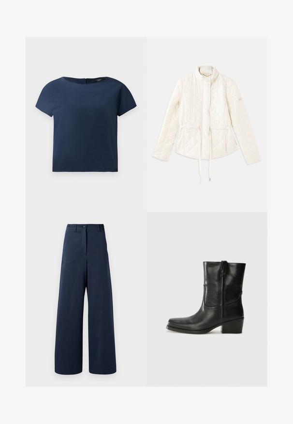 Jachetă crem, matlasată, cu guler înalt, talie ajustabilă cu șnur și un accent cu logo pe mâneca stângă. Textură netedă.; Top scurt negru marin, cu decolteu rotund, dintr-un material neted, cu o croială lejeră, având un închidere discretă pe spate cu detalii minimaliste de cusătură.; Pantaloni largi de culoare bleumarin, confecționați dintr-un material neted, cu talie înaltă, dotati cu două butoane frontale, două buzunare laterale și tivuri drepte.; Botine din piele neagră, cu vârf rotund, toc pătrat, fermoar pe lateral și accente de cusături pe partea superioară. Textură netedă, design clasic.