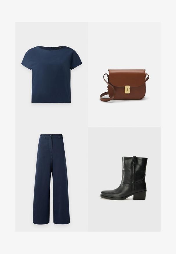 Valkoinen, tikattu takki korkealla kauluksella, säädettävällä naruilla kiristettävällä vyötäröllä ja logoelementillä vasemmassa hihassa. Silkkinen pinta.; Tummansininen lyhythihainen paita, pyöreä pääntie, sileä kangas, rento malli, jossa on huomaamaton takakiinnitys ja vähäisiä ompeluyksityiskohtia.; Laivastonsiniset leveälahkeiset housut, jotka on valmistettu sileästä kankaasta, ja joissa on korkea vyötärö, kaksi etunappia, kaksi sivutaskua ja suorat lahkeet.; Musta nahkasaapas nilkkamittaisella varrella, pyöreällä kärjellä, lohkarekorolla, sivuvetoketjulla ja ompeluaksentilla varren yläosassa. Suora pinta, klassinen muotoilu.; Ruskea nahkainen käsilaukku, jossa on läppäkiinnitys, kultasävyiset yksityiskohdat, olkahihna ja sileä pinta. Kompaktin suorakaiteen muotoinen.