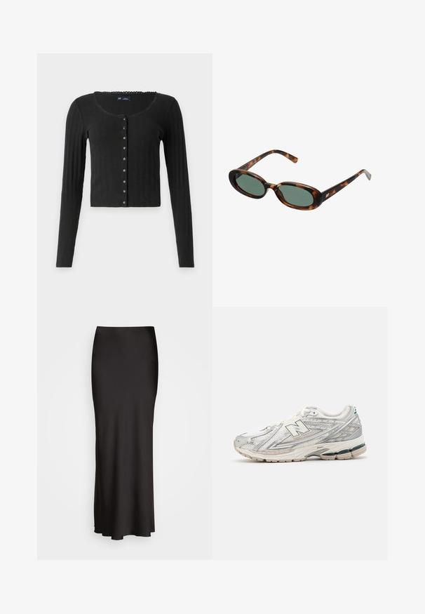 Svartvit fiskbensmönstrad kort jacka med bred krage, en knappstängning och två sidofickor. Slät tygtextur.; Svart långärmad cardigan i ribbat tyg med rundad halsringning, prydd med en rad metallknappar framtill och en kortad passform.; Svart ribbad linne med rund halsringning och broderad logotyp i vitt. Tyg med en mjuk textur och en åtsittande passform.; Svart, golvlång satinkjol med en slät textur, figurnära midja och A-linjeformad silhuett, utan synliga dekorationer eller mönster.; Löparskon har en silver- och vit mesh-överdel med en grön detalj. Sulan är tjock och texturerad, utformad för dämpning och stöd.; Sköldpaddsmönstrade solglasögon med ovala bågar och gröna linser. Har tunna skalmar med en metallisk detalj vid gångjärnen.