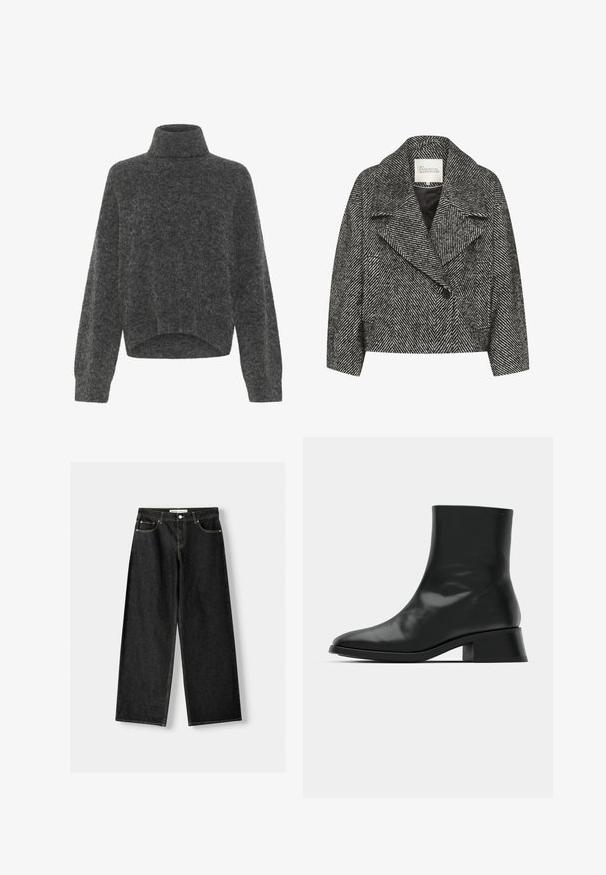 Zwart-wit visgraatpatroon cropped jas met een brede revers, enkele knoopsluiting en twee zijzakken. Glad stofoppervlak.; Donkergrijze, fuzzy turtleneck sweater met een relaxte pasvorm en doorhangende schouders. Zachte textuur en cropped zoomdetail. Geen zichtbare sluitingen.; Zwarte denim wijde jeans met vijf zakken, metalen knoop en ritsluiting, en contrasterende gele stiksels langs de naden.; Zwarte enkelboot van glanzend leer, met een slank ontwerp, spitse neus en een gematigde blokhak voor stabiliteit.