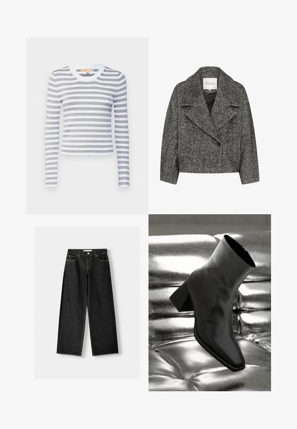 Musta-valkoinen herringbone-kuvioitu lyhyt takki, jossa on leveät kaulukset, yksittäinen napitus ja kaksi sivutaskua. Sopivan sileä kangas.; Raidallinen pitkähiha toppi harmaana ja valkoisena, valmistettu ribbidustekstiilistä. Pyöreä pääntie, jossa on kiinteä valkoinen reunus, istuva siluetti, venyvää materiaalia.; Musta denimi leveälahkeiset farkut, joissa on viisi taskua, metallinappi ja vetoketju, sekä erottuva keltainen ommel saumoissa.; Musta nilkkuri, joka on valmistettu kiiltävästä materiaalista, jossa on neliömäinen kärki ja kapeahko kanta, asetettuna kiiltävän hopean tuftatun taustan eteen.