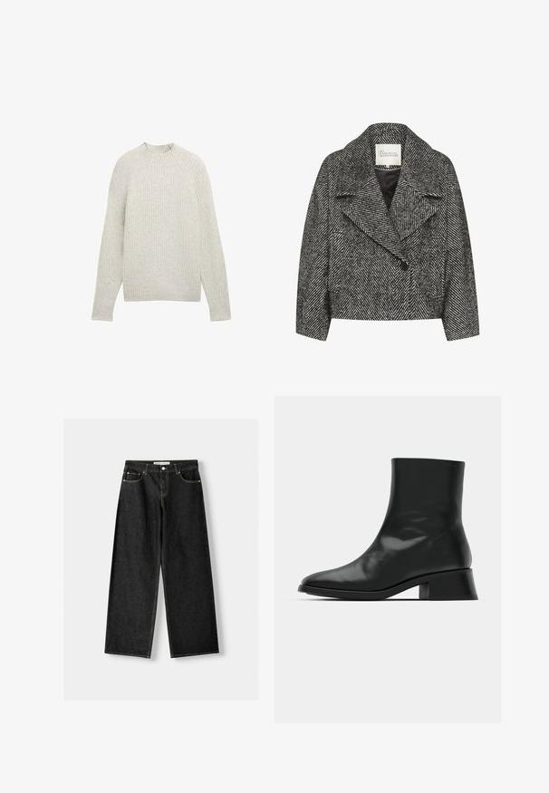 Schwarz-weißer, gestreifter Kurzmantel mit breitem Revers, Einzelknopfverschluss und zwei seitlichen Taschen. Glatte Stoffoberfläche.; TOM TAILOR DENIM MIT STEHKRAGEN - Strickpullover - marble beige melange; Schwarzes, geripptes Tanktop mit rundem Ausschnitt und besticktem Logo in Weiß. Der Stoff hat eine glatte Textur und eine körperbetonte Passform.; Schwarze Jeans mit weitem Bein aus Denim, mit fünf Taschen, metallischem Knopf und Reißverschluss und kontrastierenden gelben Nähten entlang der Nähte.; Schwarze Ankle Boots aus glänzendem Leder, mit einem eleganten Design, spitzer Zehenpartie und einem moderaten Blockabsatz für Stabilität.