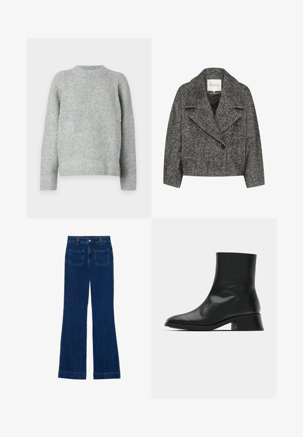 Schwarz-weißer, gestreifter Kurzmantel mit breitem Revers, Einzelknopfverschluss und zwei seitlichen Taschen. Glatte Stoffoberfläche.; Grauer Pullover aus strukturierter Strickware, mit rundem Halsausschnitt und langen Ärmeln, lockerer Schnitt und ohne sichtbare Muster.; Dunkelblaue Denim-Jeans im Schlagstil mit glatter Textur, Fünf-Taschen-Design und einem Knopfverschluss an der Taille.; Schwarze Ankle Boots aus glänzendem Leder, mit einem eleganten Design, spitzer Zehenpartie und einem moderaten Blockabsatz für Stabilität.
