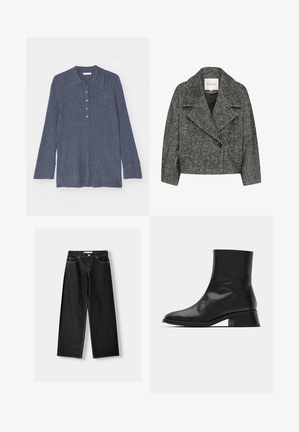 Schwarz-weißer, gestreifter Kurzmantel mit breitem Revers, Einzelknopfverschluss und zwei seitlichen Taschen. Glatte Stoffoberfläche.; Dunkelblaues, geripptes langärmliges Oberteil mit spitzem Kragen und fünf Knopfverschluss. Weicher Stoff mit lässiger Silhouette und ausladenden Ärmeln.; Schwarzes, geripptes Tanktop mit rundem Ausschnitt und besticktem Logo in Weiß. Der Stoff hat eine glatte Textur und eine körperbetonte Passform.; Schwarze Jeans mit weitem Bein aus Denim, mit fünf Taschen, metallischem Knopf und Reißverschluss und kontrastierenden gelben Nähten entlang der Nähte.; Schwarze Ankle Boots aus glänzendem Leder, mit einem eleganten Design, spitzer Zehenpartie und einem moderaten Blockabsatz für Stabilität.