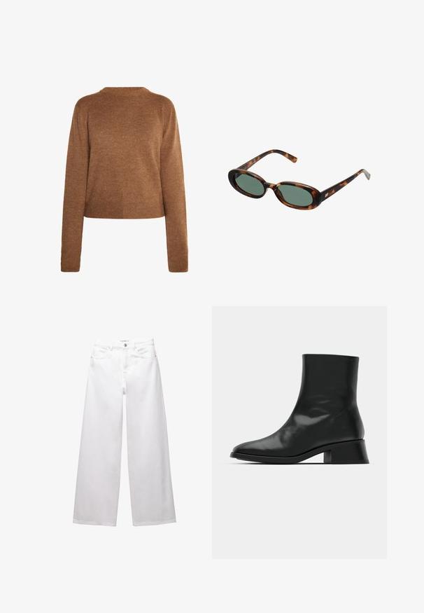 Czarny i biały krótki płaszcz w wzór rybiej ości z szerokim kołnierzem, z pojedynczym zapięciem na guzik i dwiema bocznymi kieszeniami. Gładka tekstura materiału.; Brązowy sweter z długim rękawem, okrągłym dekoltem i skróconym dół. Miękka faktura, minimalistyczny design i brak widocznych wzorów.; Białe dżinsy w stylu wide-leg wykonane z denimu. Posiadają zapięcie na guzik, kieszenie z przodu i z tyłu oraz przeszycia. Gładka tekstura z minimalnymi detalami.; Czarne botki do kostek z błyszczącej skóry, o eleganckim designie, spiczastym nosku i umiarkowanym blokowym obcasie dla stabilności.; Okulary przeciwsłoneczne w kolorze tortoise z owalnymi oprawkami i zielonymi soczewkami. Posiadają cienkie zauszniki z metalowym akcentem przy zawiasach.