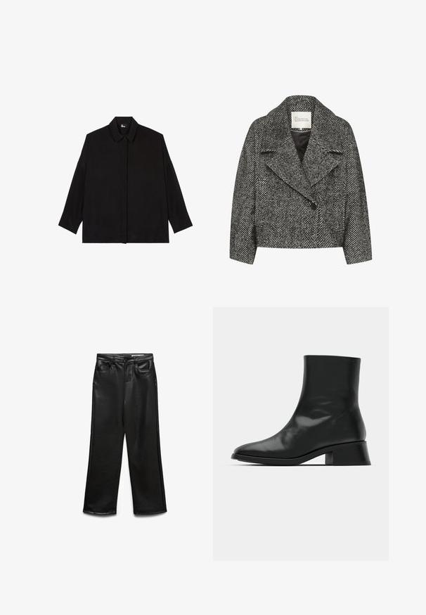 Sort og hvid chevronmønstret cropped jakke med bred krave, enkelt knaplukning og to sidelommer. Glat stofmed en blød tekstur.; Sort skjorte med knapper og krave, lange ærmer og en afslappet pasform. Fremstillet af et glat, blødt stof uden synlige mønstre.; Sorte bukser i bred benvidde lavet af kunstlæder med frontlommer, bæltestropper og en diskret glans. Glat tekstur og skræddersyet pasform.; Sort ankelstøvle lavet af blank læder, med et strømlinet design, spids tå og en moderat blokhælhøjde for stabilitet.
