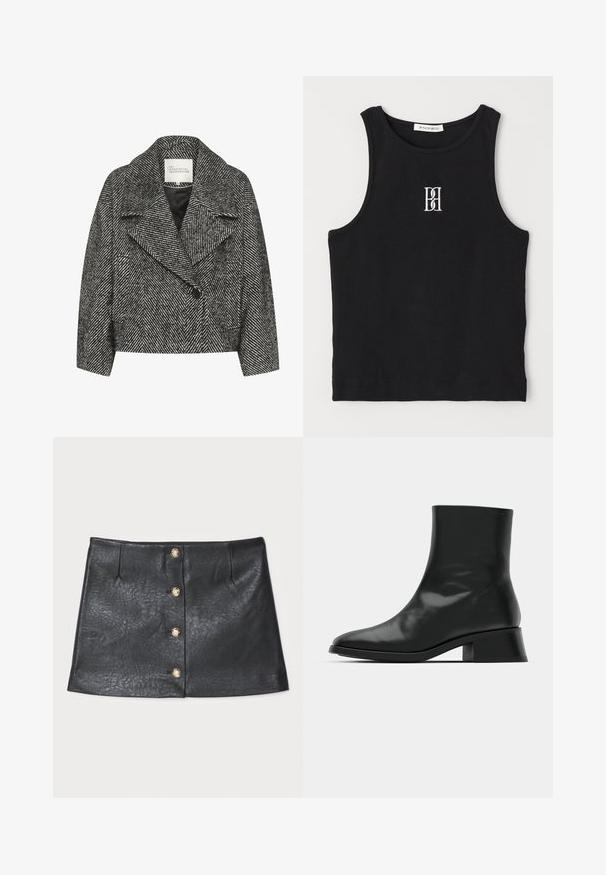 Black and white herringbone patterned cropped coat with a wide lapel, single button closure, and two side pockets. Smooth fabric texture.; Black ribbed tank top featuring a round neckline and embroidered logo in white. Fabric has a smooth texture with a fitted shape.; Black leather mini skirt featuring a sleek design, front button closure with gold accents, and textured surface with subtle sheen.; Black ankle boot made of shiny leather, featuring a sleek design, pointed toe, and a moderate block heel for stability.