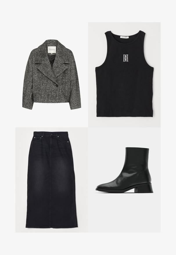 Fekete-fehér halszálkaként mintázott cropped kabát széles hajtókával, egy gombos záródással és két oldalsó zsebbel. Sima szövettextúra.; Fekete bordás trikó kerek nyakkivágással és fehér hímzett logóval. Az anyag sima tapintású, testhezálló formával.; Feket denim maxi szoknya egyenes fazonnal, elöl gombos záródással és oldalsó hasítékokkal. Megkopott textúrájú, minimális varrási részletekkel.; Fekete bokacsizma fényes bőrből, karcsú dizájnnal, hegyes orral és mérsékelt tömbsarkal a stabilitás érdekében.